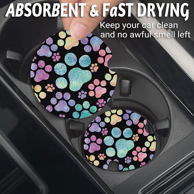 Yonlevres Car Coasters for Cup Holders，2.75" Anti Slip Rubber Mat with A Finger Notch, 2 Pack Car Cup Holder Coasters for Car Interior Accessories for Women Men Dog Paw
