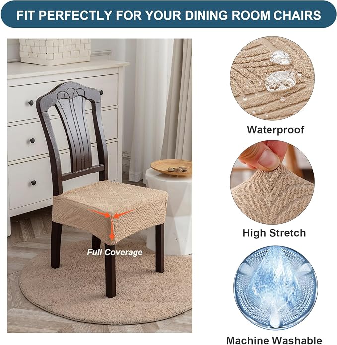 Removable and Washable Seat Covers for Dining Room Chairs Set of 4 - Waterproof Stretch Chair Seat Slipcovers, No Back Covers