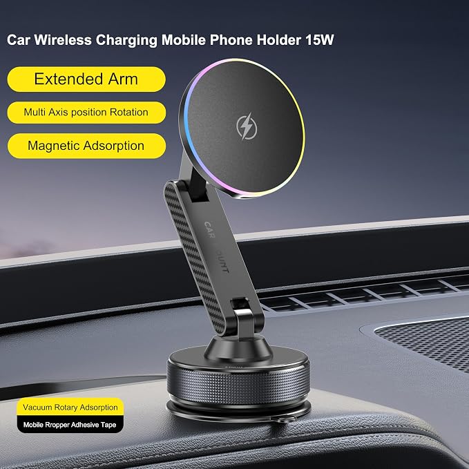 15W Magsafe Car Phone Mount Charger,Vacuum Car Phone Holder Charger,360° Adjustable Magnetic Cell Phone Holders for Car,Wireless Charging Mount for iPhone 17-12 Pro Max Plus Car Accessories