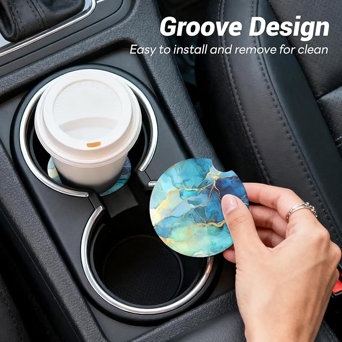 Car Cup Holder Ceramic Coasters 2 Pack, 2.56 in Anti Slip Absorbent Coaster with Cork Base and Finger Notch, Funny Cute Car Accessories Interior for Women, Green Blue Stone