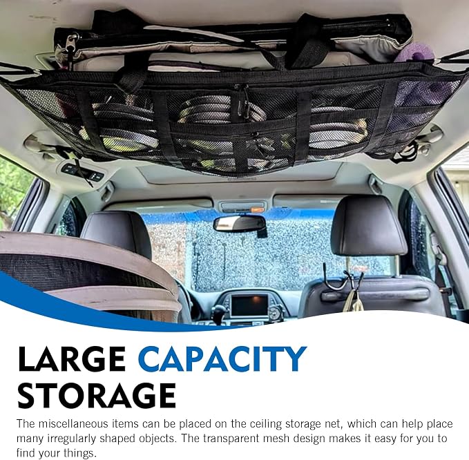 WZP Car Ceiling Cargo Net, 31.5" x 20.9" Double-Layer Mesh Car Roof Storage Ceiling Cargo Net with Adjustable D-Buckle, Universal Auto Accessories for SUVs, Road Trips, Camping Essentials