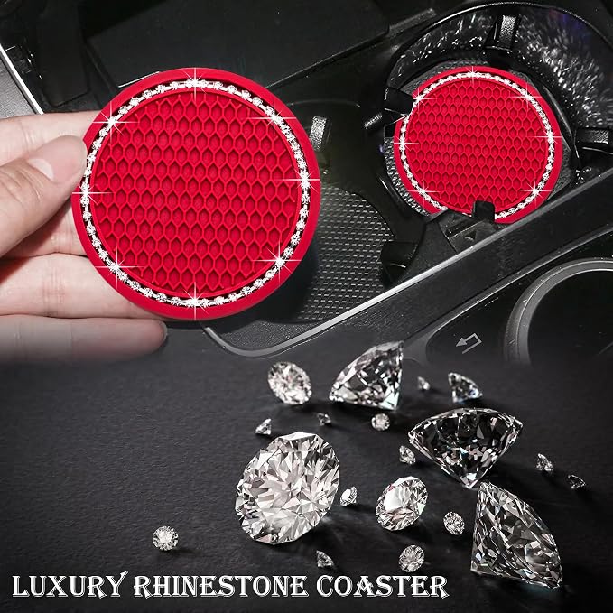 2PCS Bling Cup Holder Coaster, 2.75 Inch Auto Car Cup Holder Insert Coasters, Soft Silicone Anti-Slip Shockproof, Universal Vehicle Interior Accessories for Women Girls (Red & White)