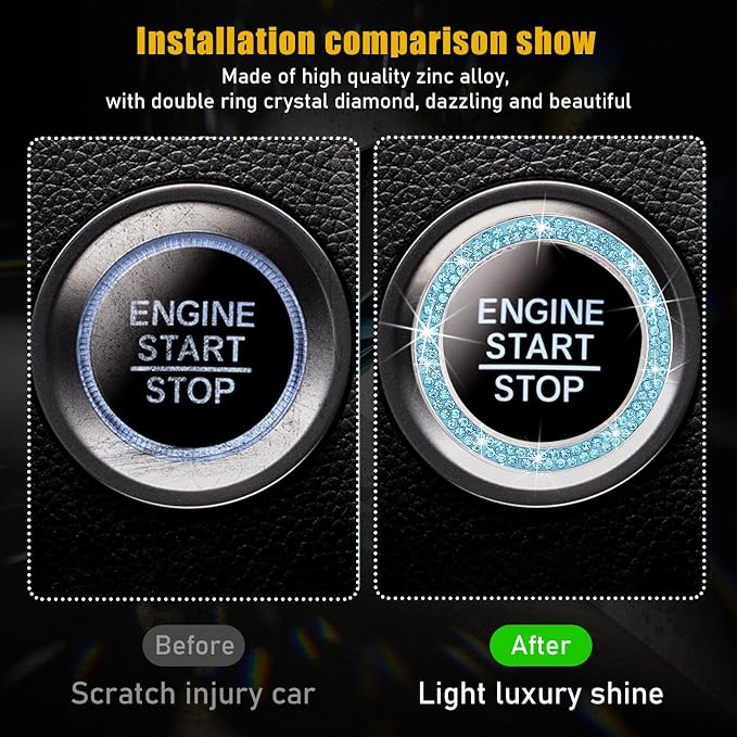 Kewucn 2 PCS Bling Crystal Double Rhinestone Car Engine Start Decoration Ring, Sparkling Push Start Button Sticker, Key Ignition & Knob Ring Decoration, Bling Car Interior Accessory(Lake Blue)