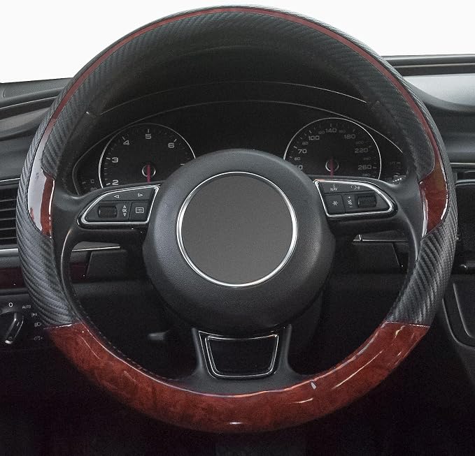 Wood Grain Steering Wheel Cover Red Universal Microfiber Leather, Suitable for 14 1/2-15 inch Comfortable Anti-Slip, Good Breathable and Odorless Car Steering Wheel Cover…