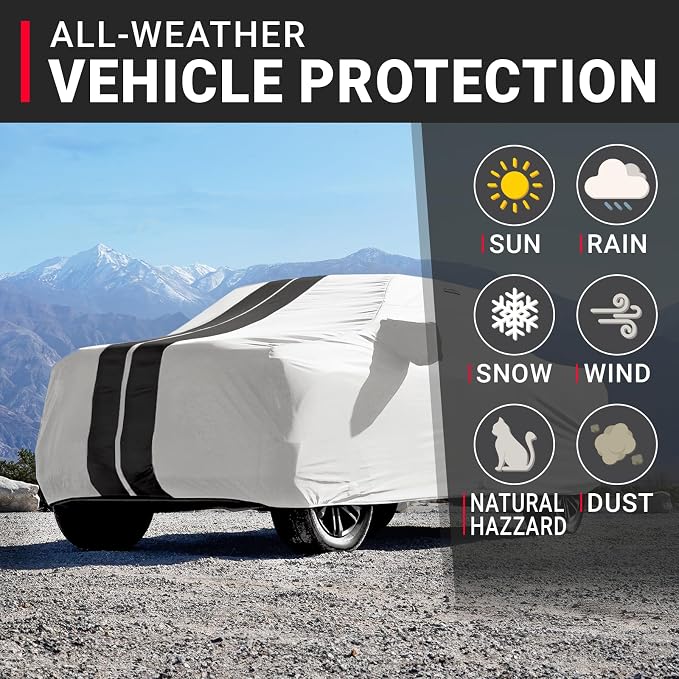 iCarCover Premium Heavy Duty Truck Car Cover - Waterproof All Weather Rain Snow UV Protection, Dakota, Frontier, Tacoma, Canyon, Colorado,R1T, Size T83 (See Size Chart), Stripe - Light Gray/Black