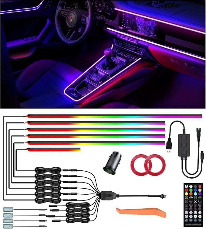 KENANEK 55.12Inch Tesla Interior Lights, 5V USB & Type-C Powered–6 LED Strip Light+4 Footwell Lights,App Controlled Music Sync, OEM-Style Ambient Lighting with Dreamcolor Effects