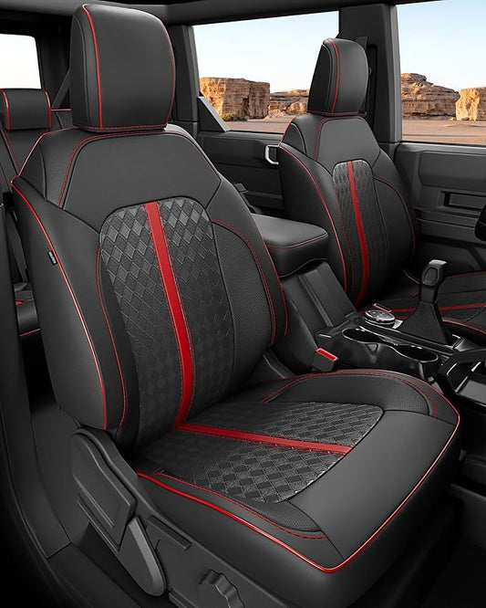 Custom Fit Leather Seat Covers for 2021-2026 Ford Bronco 4 Door | OEM fit, premium waterproof leather, full coverage, anti-slip, storage pockets, long-term durability, airbag compatible