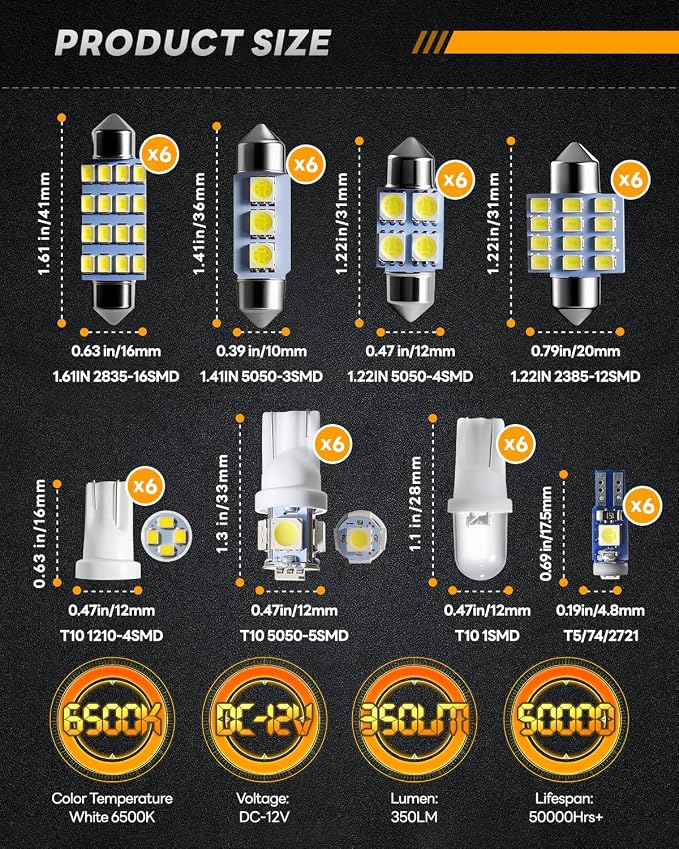 48Pcs Led Interior Car Lights Kit, Premium Bright White Led Bulb (194 T10 T5 De3175 W5W 2825 578 168) | Dome Map Dash Door License Plate Tail Light Bulbs, Interior Lights for Cars, Trucks, Rv, Boat