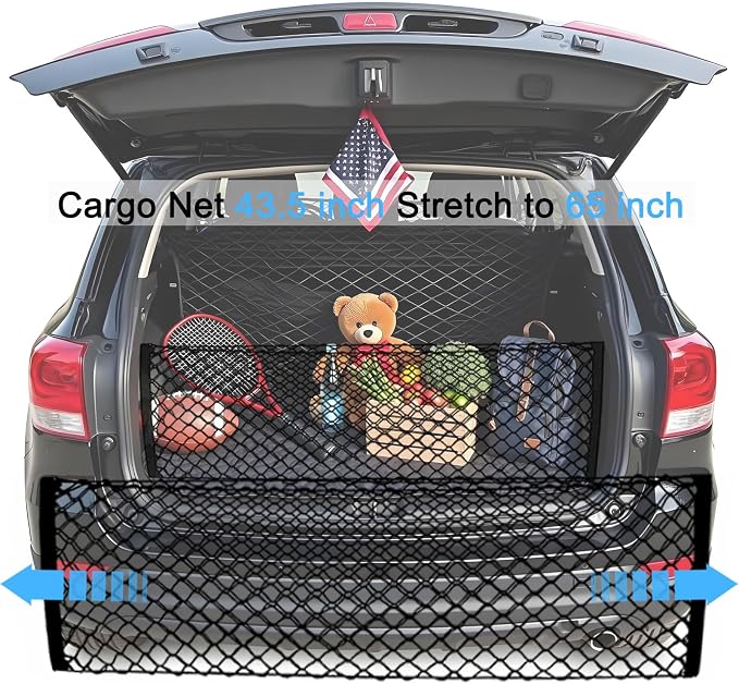 BAILALIBO Cargo Net with Metal Hooks, 43.3x15.8 in | Elastic stretchable mesh, adjustable for SUV/truck/jeep, universal fit, secure trunk storage, heavy-duty for car exterior