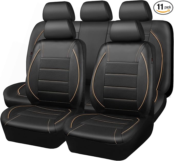 CAR PASS Universal FIT Piping Leather Car Seat Cover, for suvs,Van,Trucks,Airbag Compatible,Inside Zipper Design and Reserved Opening Holes (Full Set, Black and Beige)