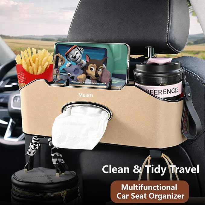 Mu&Ti Back Seat Car Organizer with Cup Holders Tissue Box Holder, Phone Stand and Hooks Multifunctional 4 in 1(Beige)