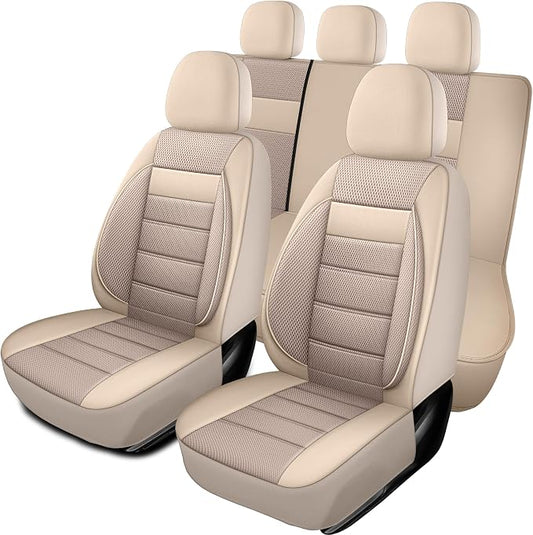 HChengkikz Car Seat Covers, Leather, 3D Foam Back Support (Beige) | Air Mesh, Airbag Compatible, Universal Fit for Most Cars, Vans, Trucks, SUVs