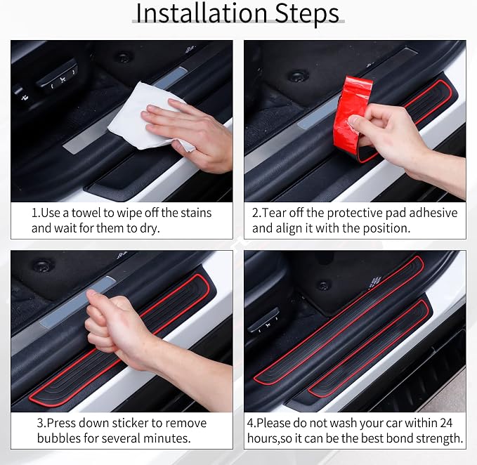SINGARO Car Door Threshold Protection, 4PCS Door Edge Step Dust Shield Cover, Door Width 23.6x1.96inch Car/SUV Universal Rubber Scratch Resistant Exterior Accessories (Red borde)