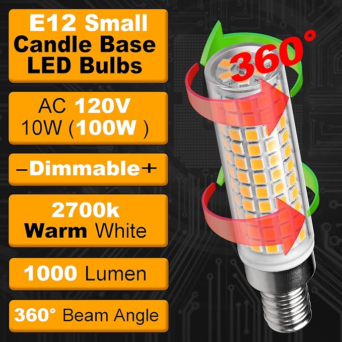 E12 Dimmable Candelabra Light Bulb 100W Equivalent 2700K Warm White, 3 Pack | C7 T6 LED Corn Bulb, 10 Watt, 1000lm, AC120V, for Home Decorative Chandelier Ceiling Fan Pendant Lighting Salt Lamp