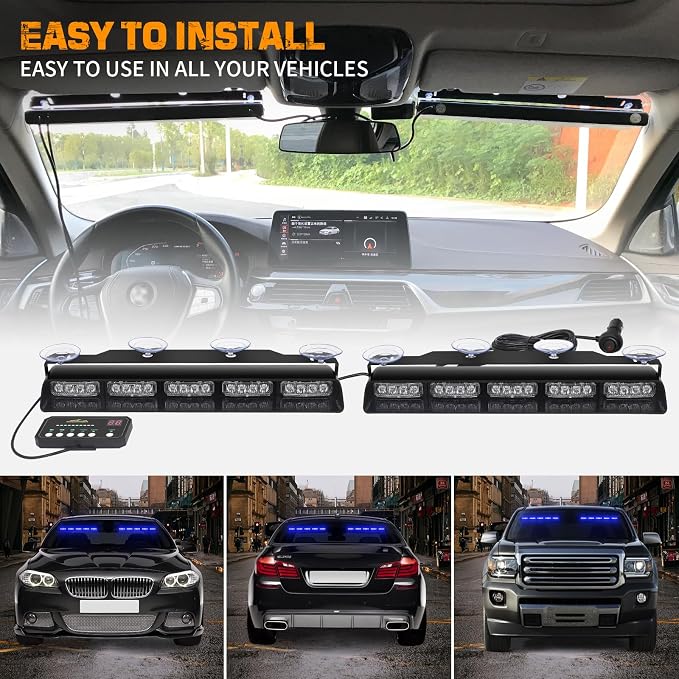 XRIDONSEN 2x 17 inch Blue Emergency Lights 40 LED Dash Strobe Lights | Interior Front/Rear Safety Flashing Warning Hazard Windshield Light Bar for Vehicles Trucks Car