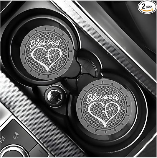 KVAEY 2 PCS Car Cup Holder Coasters, 2.76 Inch Anti Slip Vehicle Drink Mats with Cute Blessed Cross and Heart, Shockproof, Universal Car Accessories (Gray, 2 PCS)