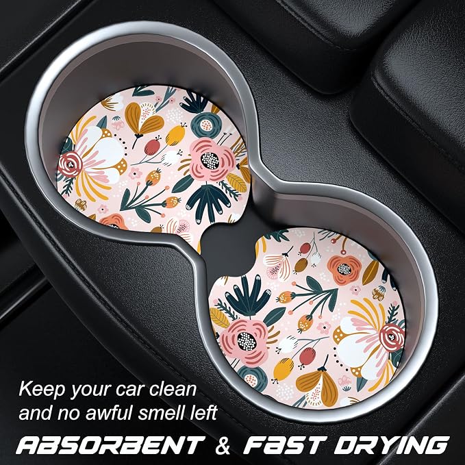 Aiawoxc Car Cup Holder Coasters, 2 Pack Universal Auto Anti Slip Insert Coaster with A Finger Notch, Cute Car Assecories for Women Men, Cup Mat for Most Interior, Pink Flower