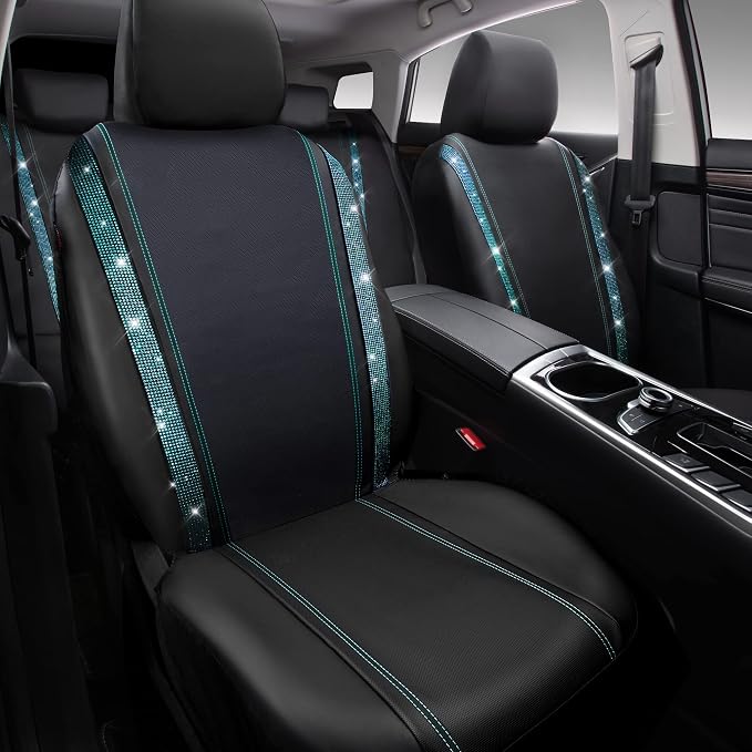 CAR PASS Bling Car Seat Covers Full Set, Shining Rhinestone Diamond Waterproof Faux Leather Universal Fit 95% Automotive Glitter Crystal Sparkle Strips for Cute Women Girl, Full Set (Mint Diamond)
