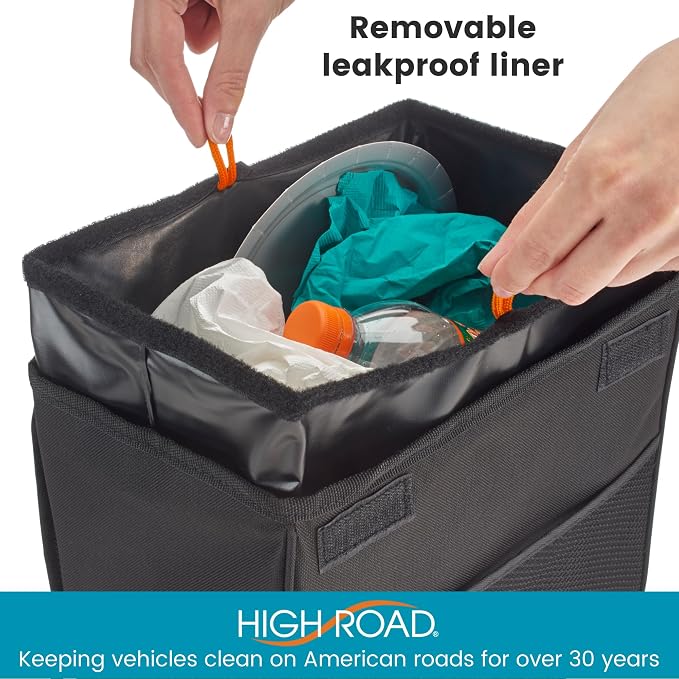 High Road TrashStand Weighted Car Trash Can with Lid and Removable Leakproof Liner - Universal Fit Behind Center Console in Back Seat - Holds 2 Gallons of Car Garbage | High Road's Behind Console Car Garbage Can With Bottom Weight, Floor Grips and Remo...