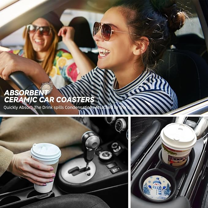 Snowman Snowflakes Winter 2 Pack Car Cup Holder Coasters Absorbent Ceramic Drink Coasters 2.56" Universal Anti Slip Cup Mat with Cork Base Finger Notch Auto Accessories Interior for Women Men