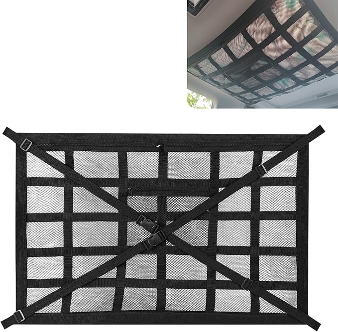 Car Ceiling Cargo Net, 31.5" x 21.6" Double Layer Overhead Storage Organizer, Adjustable Roof Mesh Pocket with Buckle Straps, Universal Auto Accessory for SUVs, Camping, Travel, Road Trips