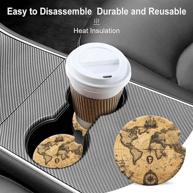 Cup Holder for Car,Rustic Ancient World Map Print Ceramic Coasters Non-Slip Cup Holder Insert with Fingertip Grip, Auto Interior Accessories for Women & Men,Pack of 2, 2.56In