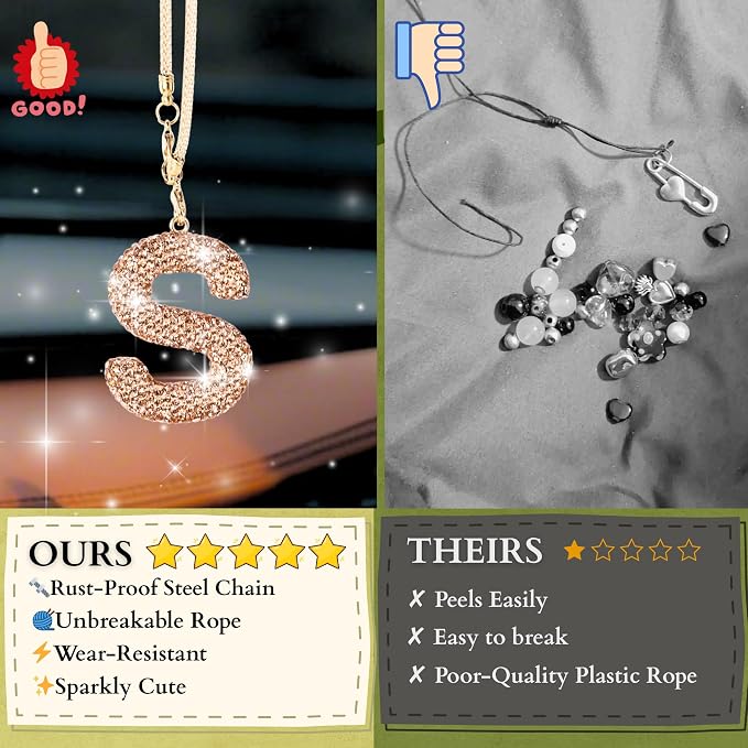 Bling Car Accessories for Women Letter Charm, Rainbow Crystal Rearview Mirror Pendant, Cute Diamond Rhinestone Car Decor, Lucky Gift for Women(S, Champagne Gold)