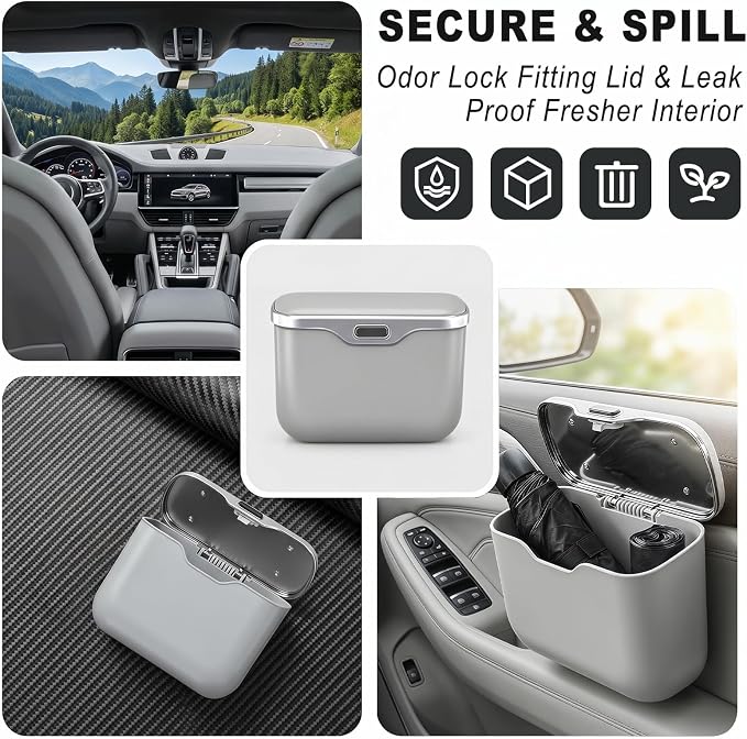 Car Trash Can with Lid, Leakproof Auto Garbage Bin, Hanging Mini Vehicle Trash Bin, Essentials Interior Car Accessories for Organizer, Vehicle Garbage Can for SUV, Truck, Auto (Grey)