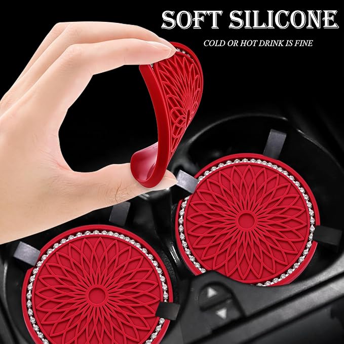 2PCS Bling Car Cup Holder Coasters, 2.75 Inch Silicone Anti-Slip Insert, Bling Shockproof Cup Mat for Women Girls, Universal Fit for Most Vehicles (Red & White)