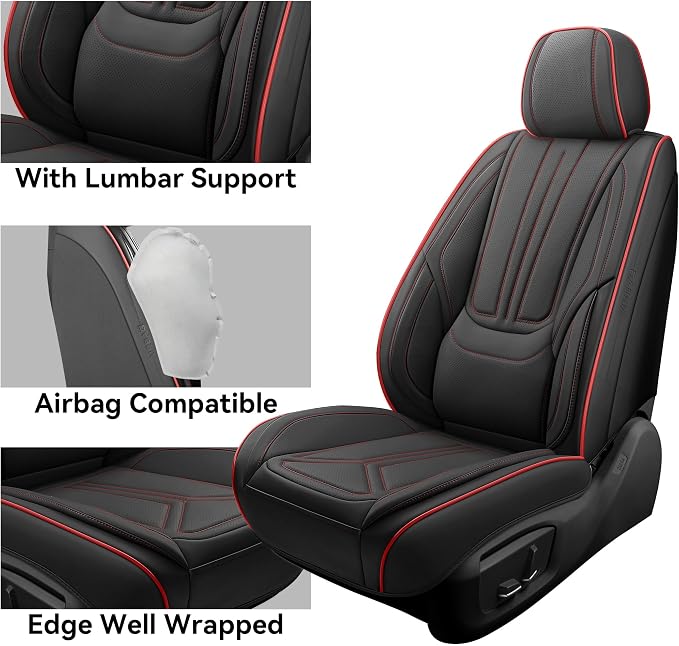 Car Seat Covers Full Set Black and Red line, Premium Leather Car Seat Covers, Waterproof and Breathable Seat Covers, Universal Car Seat Protector Fit for Cars, Trucks, SUVs, Pick-ups