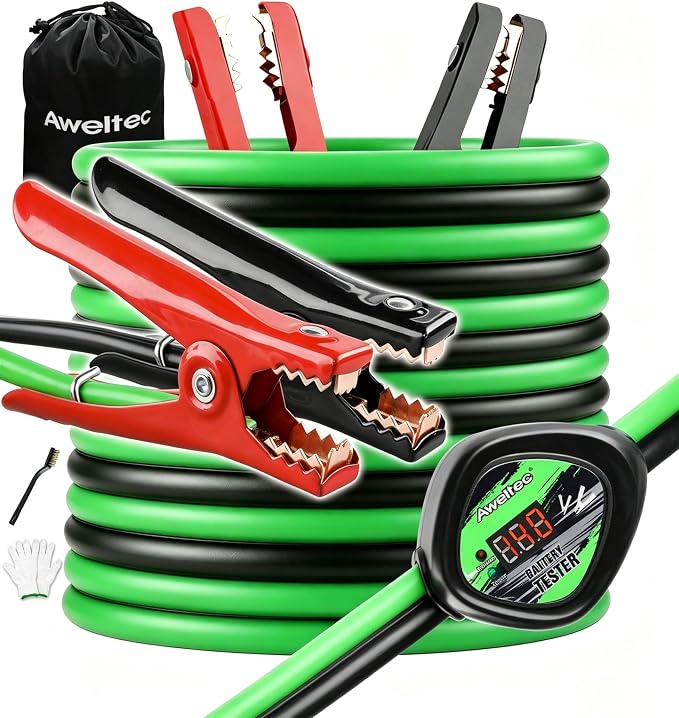 Heavy Duty Jumper Cables,6 Gauge 16 Feet Booster Cable with Reverse & Power Battery Tester,Smart Safety Protector Automotive Wire for Cars Trucks,Carry Bag,Safety Gloves,Iron Brush