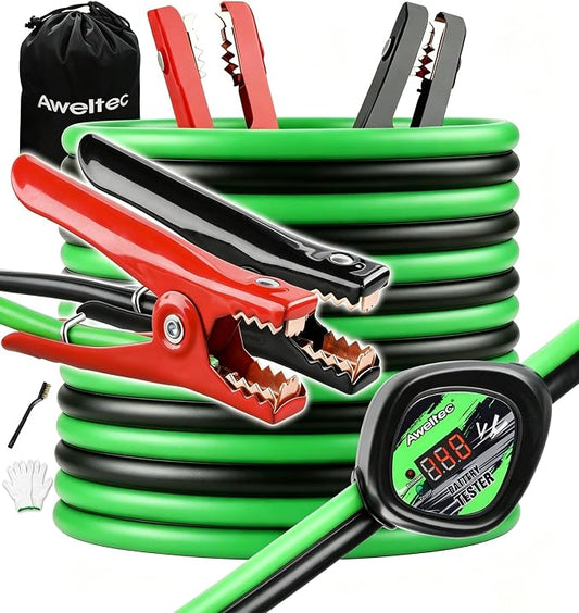 Heavy Duty Jumper Cables,6 Gauge 16 Feet Booster Cable with Reverse & Power Battery Tester,Smart Safety Protector Automotive Wire for Cars Trucks,Carry Bag,Safety Gloves,Iron Brush