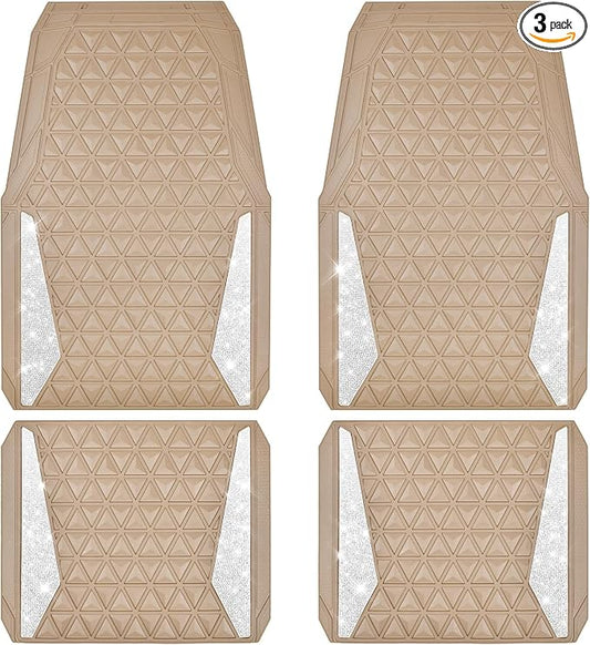 CAR PASS Bling Diamond Car Mats Rubber Floor Mats Full Set Anti-Slip 3D Rhombus Waterproof Trim to Fit Liner Universal Glitter Crystal Sparkly Shining Rhinestone Girl Women SUV Sedan Van, Beige Rubber