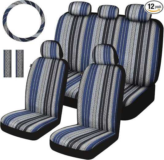 Baja Saddle Blanket Car Seat Covers Full Set with Seat Belt Pads and Steering Wheel Cover, Washable Breathable Striped Woven Cloth Seat Covers for Cars, SUV, Truck(Blue,Large)