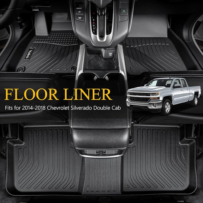 Wailtnb-Mats for Chevrolet Silverado/GMC Sierra 1500 2014-2018 (Double Cab) Silverado Legacy/Sierra LD 2019, 2500/3500 HD 2015-2019 Floor Mat All Weather Floor Liner Car Mat for Silverado Custom Fit