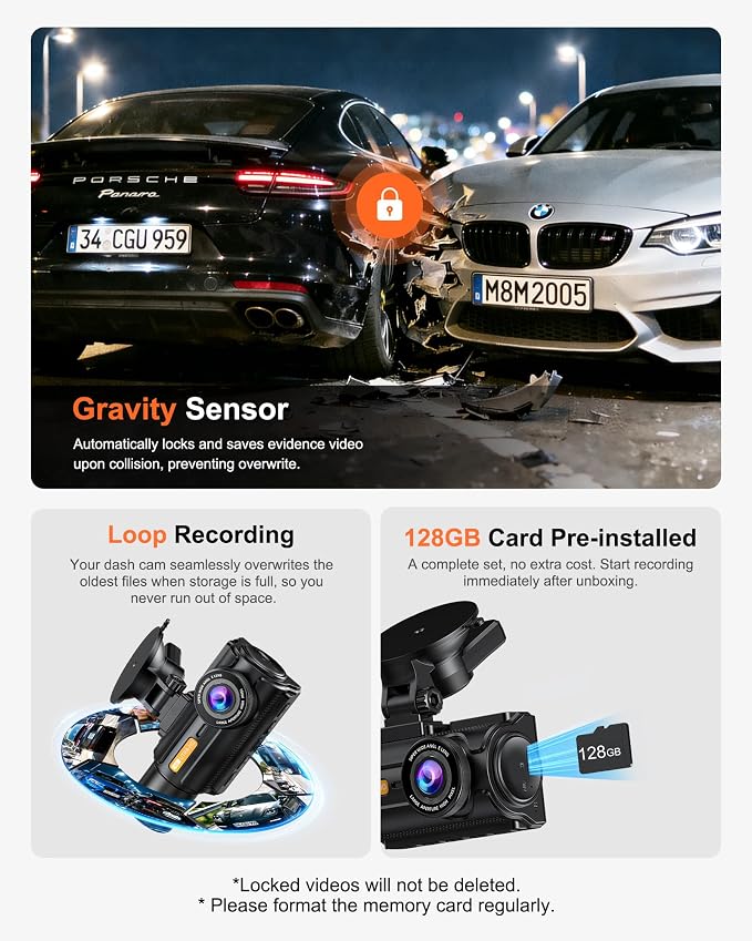 3 Channel 4K Dash Cam with STARVIS 2 Sensor, Free 128GB Card and WiFi 6 up to 20MB/s, Dash Camera for Cars with Front Rear Inside, 4K 2K 1080P, IR Night Vision, GPS, 24H Parking Mode, G-Sensor