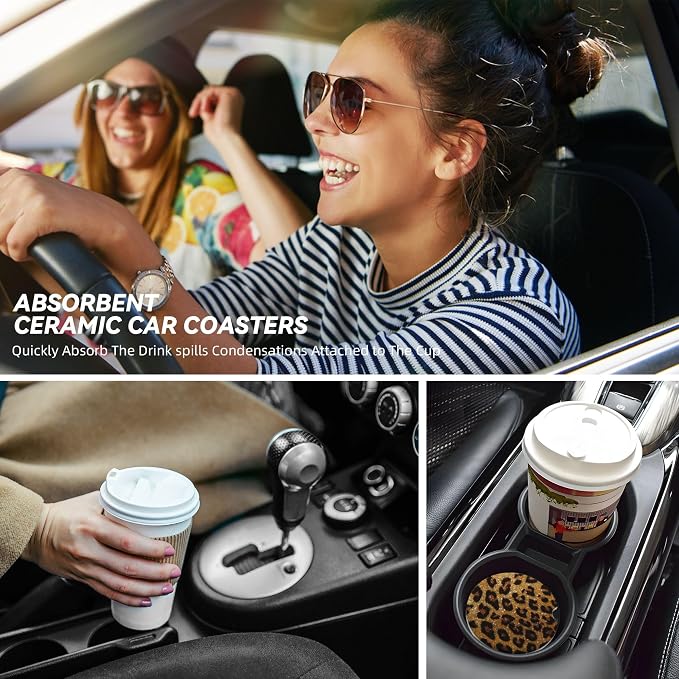 Leopard Print Shiny Car Cup Holder Coasters 2 Pack 2.63" for Women | Glittering Universal Anti Slip Ceramic Absorbent Coaster with Cork Base and Finger Notch Cute Car Accessories Interior