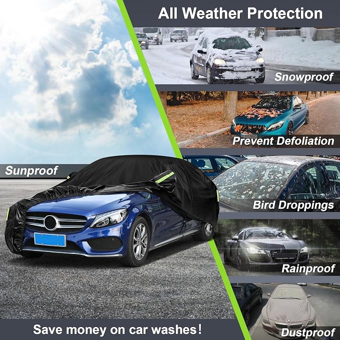 Sailnovo Car Cover Waterproof All Weather, 7 Layers Heavy Duty Full Exterior Cover for Car Outdoor Snow Sun UV Protection with Zipper for Automobiles (194" To 208")