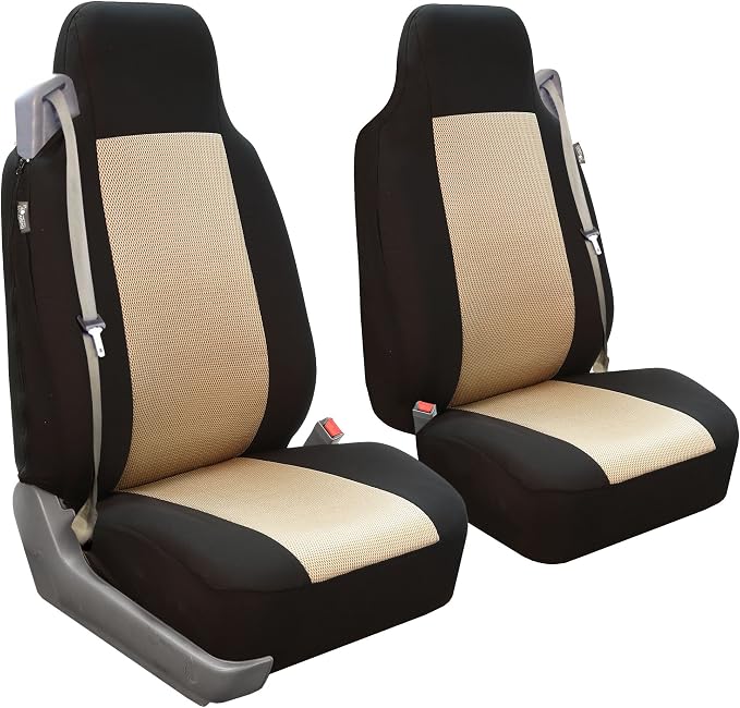 FH Group FH-FB302114 All Purpose Flat Cloth Car Seat Covers Beige/Black Color with F11306 Vinyl Floor Mats, Beige/Black Color - Fit Most Car, Truck, SUV, or Van