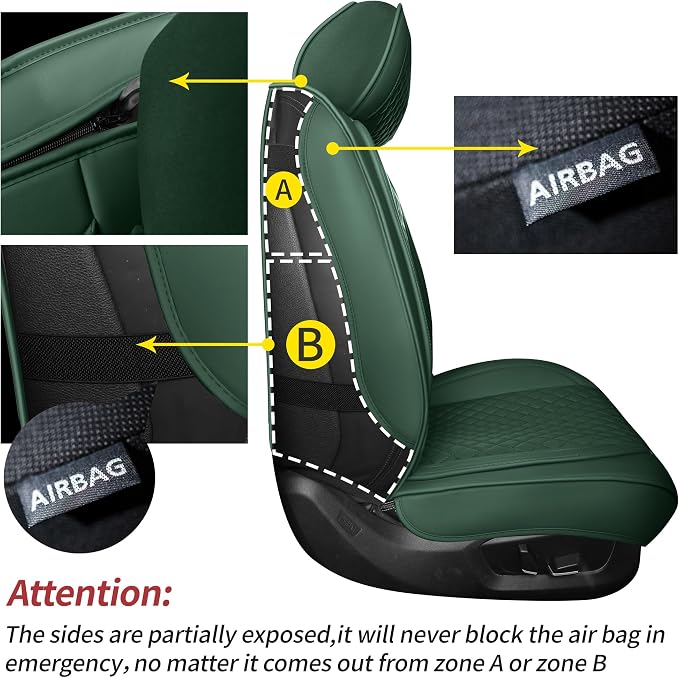 Green Thick Nappa Leather Automotive Front Car Seat Covers Set of 2 | Univerasal Precision Fit,Lumbar Support,3D Contoured,Semi Coverage,Waterproof,ThickTexture,for most Suvs Trucks Sedans