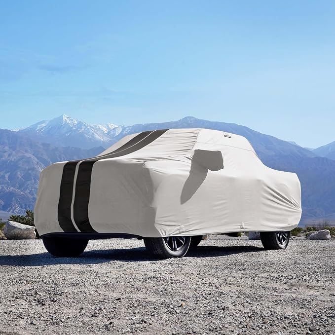 iCarCover Premium Plus Truck Cover Waterproof All Weather Rain Snow UV Protection, Tacoma, Colorado, Ranger, Dakota, Frontier, Canyon, Cannon L, Size T81 (See Size Chart) Stripe - Light Gray/Black