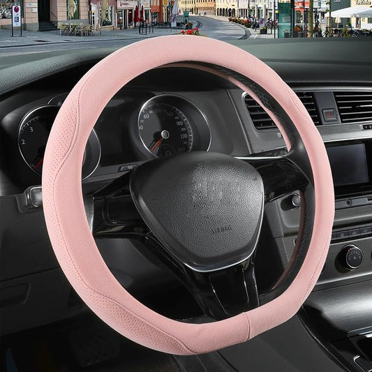 Pink Suede D Shaped Steering Wheel Cover 13.5 inch to 14 inch | Warm in Winter and Cool in Summer, Small Felt Car Accessories, Breathable Non-Slip Sweat-Proof Wear-Resistant