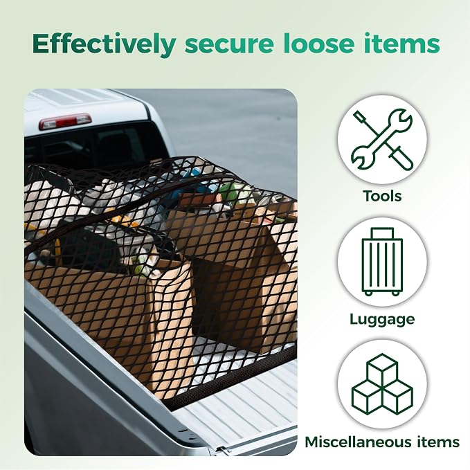 Highly Elastic Cargo Net with Hook, 4'x4' Stretches to 8'x8' | Adjustable Simple Truck Bed Storage Organizer for SUVs, Cars and Trucks, Single Layer, Ideal for Securing Daily Light Loads