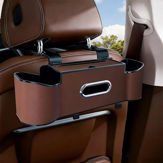 Car Backseat Organizer for Kids & Travelers - 4 in 1 Multifunctional Car Seat Back Storage with Cup Holder, Tissue Box, Snack/Handbag Holder - Nappa Leather Universal Fit for SUV/Van/Sedan (Brown)