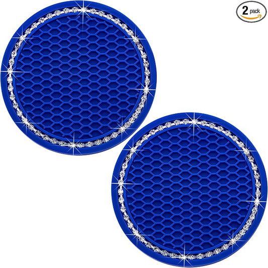 2PCS Bling Cup Holder Coaster, 2.75 Inch Auto Car Cup Holder Insert Coasters, Soft Silicone Anti-Slip Shockproof, Universal Vehicle Interior Accessories for Women Girls (Deep Blue & White)