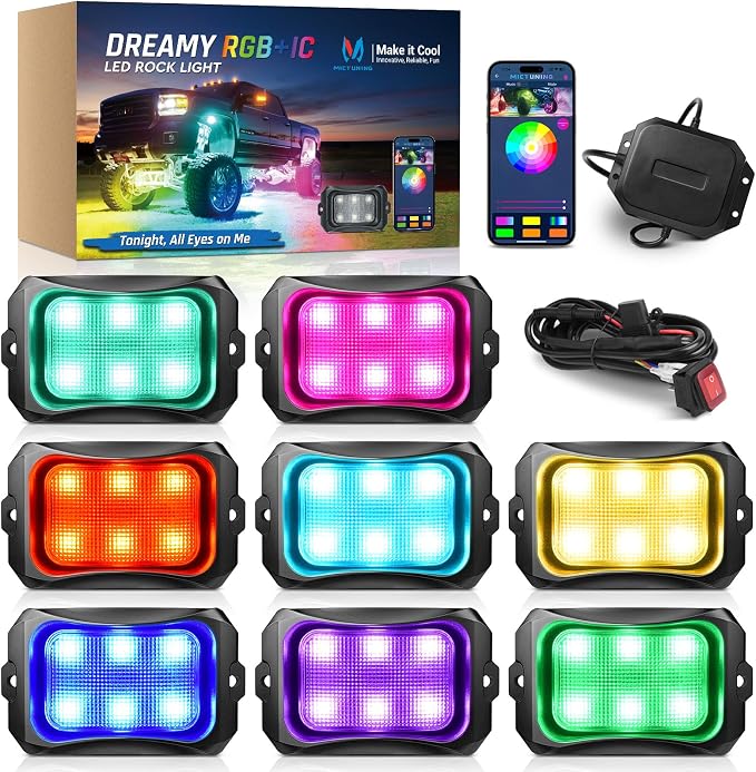 MICTUNING C2+ RGB+IC Chasing Color Ultra-Bright 8 Pods LED Rock Lights | Switch Wiring Kit, Extra Extensions, Aluminum Housing, IP68 Waterproof, Series/Parallel, Up to 24 Pods, Music Sync Mode