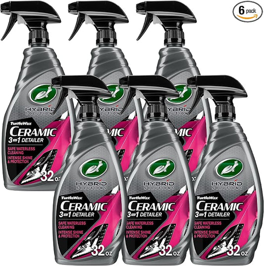 Turtle Wax Hybrid Solutions Ceramic 3-in-1 Car Detailer, Waterless Car Wash, Long-lasting HydrophobicWax Protection and High Gloss Shine, Safe For All Exterior Surfaces, 32 oz (Pack of 6)
