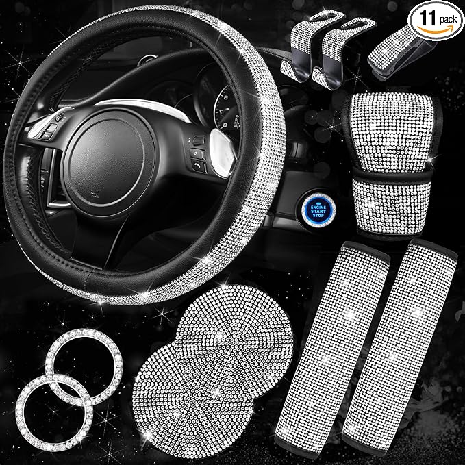 CAR PASS 11 PCS Bling Diamond Car Accessories for Women, Sparkly Rhinestone Steering Wheel Cover, Bling Seat Belt Cushion, Glitter Shift Knob Cover, Car Cup Holder Coaster, Cute Interior Sets Silver