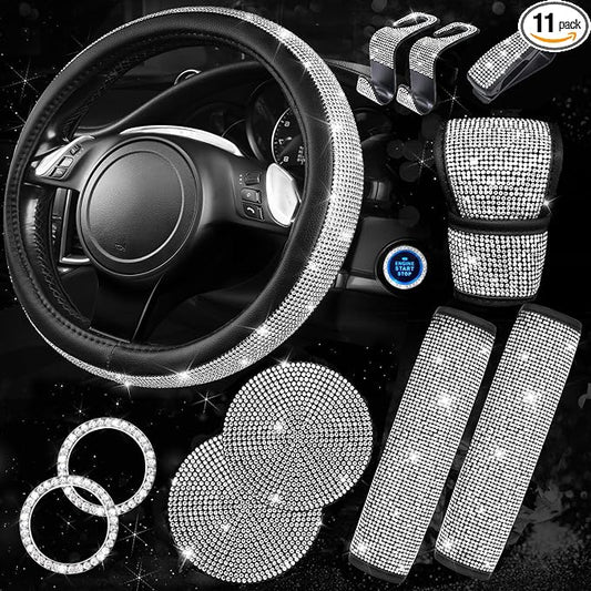 CAR PASS 11 PCS Bling Diamond Car Accessories for Women, Sparkly Rhinestone Steering Wheel Cover, Bling Seat Belt Cushion, Glitter Shift Knob Cover, Car Cup Holder Coaster, Cute Interior Sets Silver