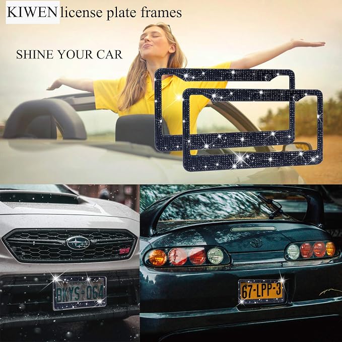 Bling License Plate Frames with High End Ribbon Gift Box,2 Pack Rhinestone License Plate Frame,Handcrafted Crystal Premium Stainless Steel Bling License Plate Frame for Women,Party,Birthday,Xms Gift